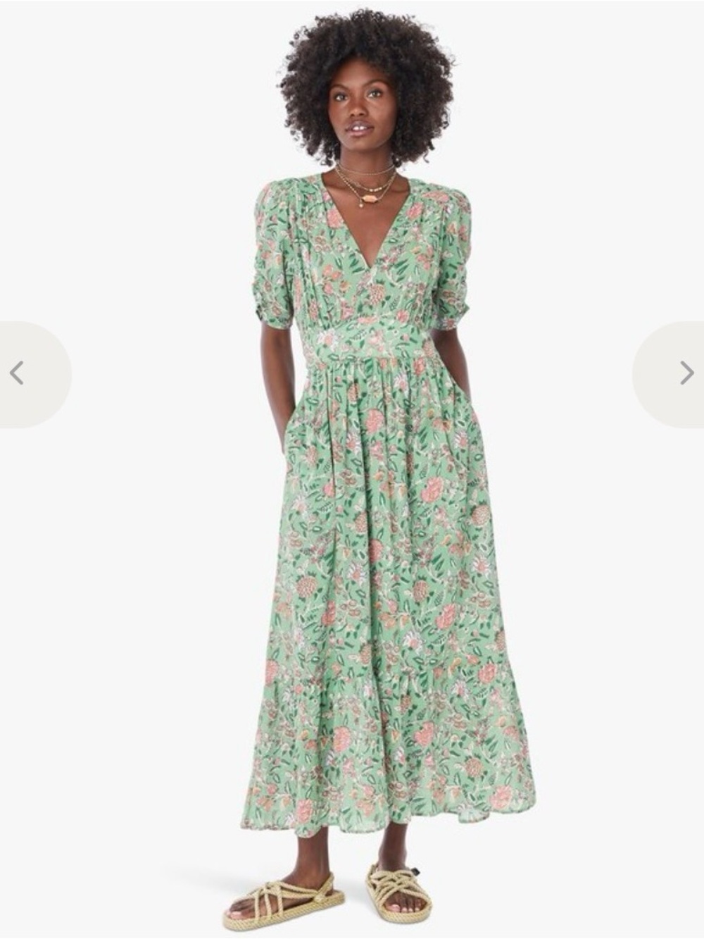 Xirena Camelia Floral Midi Puff Sleeve Cotton Prairie Dress Green Jade XSmall XS